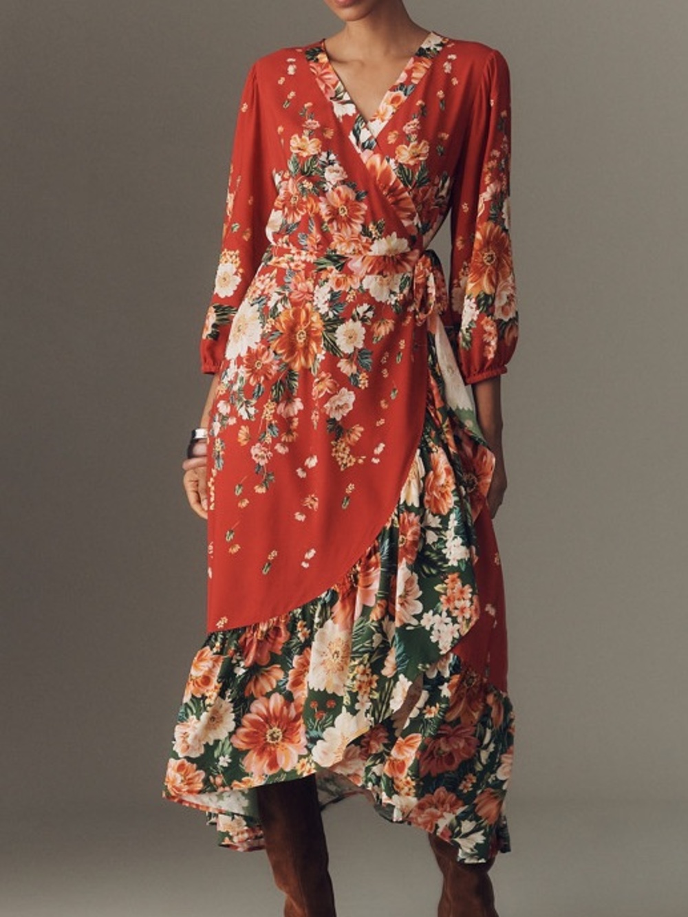 FARM Rio Red Floral Wrap Midi Dress Size Medium NWT $268